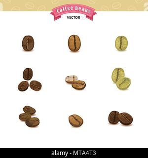 Raccolta di chicchi di caffè isolato su sfondo bianco, illustrazioni vettoriali Illustrazione Vettoriale
