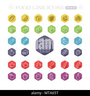 Set di cibo e bevande icone per il ristorante, supermercato, commerciale, mobile e web. Infografico raccolta logo e il pittogramma Illustrazione Vettoriale