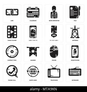 Set di 16 semplici icone modificabile come tastiera, televisione, Griglia Terrestre, telefonata, Smartphone, Link, lettore video, compact disc, microfono può essere Illustrazione Vettoriale