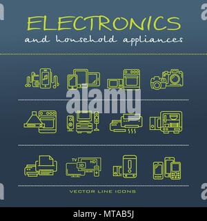 Un vettore collezione di elettronica e home appliance le icone e le illustrazioni di linea Illustrazione Vettoriale