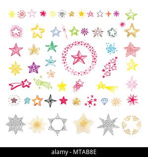Icona a forma di stella e il pittogramma. Collezione di stella multicolore forme isolate su uno sfondo bianco Illustrazione Vettoriale