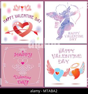 Happy Valentines Day Card con ornamenti, cuori, nastro, Angelo e la freccia Illustrazione Vettoriale