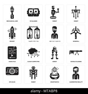 Set di 16 semplici icone modificabile come realtà aumentata, Smartwatch, Robot, occhio, scansione Google occhiali, braccio meccanico, rucola, file audio, occhiali ca Illustrazione Vettoriale