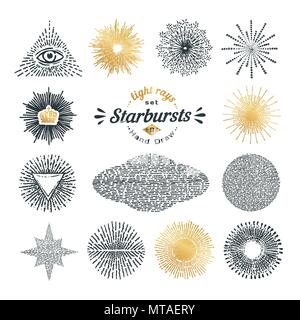 Disegnato a mano e raggi starburst elementi di design. Collezione di vintage sunburst elementi di stile e le icone per etichette e adesivi Illustrazione Vettoriale