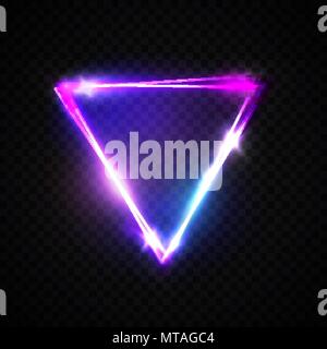 Insegna al neon. Sfondo del triangolo. Elettrica incandescente astratta cornice su scuro sfondo trasparente. Segnaletica luminosa con candelette. Night club banner laser. Luminose 3d illustrazione vettoriale con razzi e bagliori. Illustrazione Vettoriale
