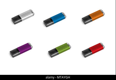 Set di variopinte unità flash USB su sfondo bianco Foto Stock