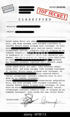 Top Secret, documenti declassificati, informazioni riservate, segreto del testo. Informazioni non pubbliche. Foglio di carta con informazioni classificate. Foto Stock