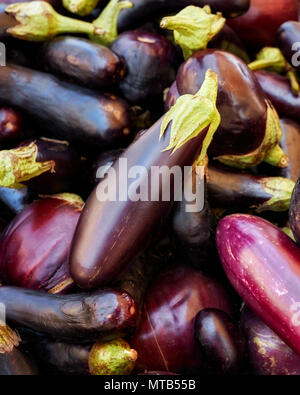 Top down mucchio di freschi melanzane su un contatore di mercato Foto Stock