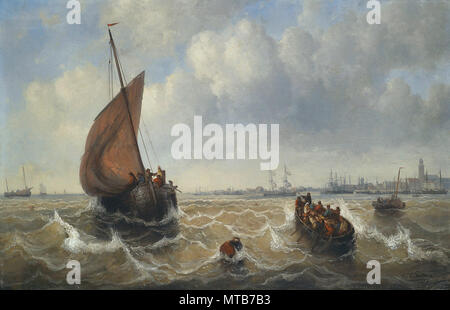 Puttner Josef Carl Berthold - barche da pesca in mare mosso in Open Seascape con Harbour Foto Stock