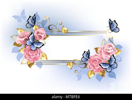 Banner strette con le rose rosa, blu e foglie di oro con farfalle blu su sfondo bianco. Illustrazione Vettoriale