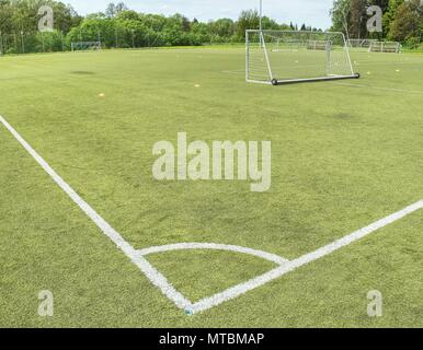 Artificiali erba verde con striscia bianca del campo di calcio. La linea bianca sul prato verde di un campo di gioco. Fake erba utilizzato sui campi sportivi per il calcio baseb Foto Stock