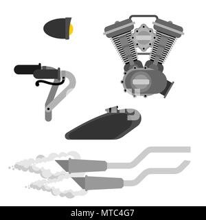 Moto motociclo parte set. Il motore si imballa. Il tubo di scarico e il volante. Il serbatoio del combustibile e il faro. Illustrazione Vettoriale Illustrazione Vettoriale