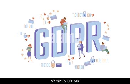 Il PILR diritto persone isometrica concetto. Piccoli uomini grandi lettere flat 3D come lucchetto dati generali proteggere il regolamento di sicurezza. Colori pastello privacy informazioni personali sicurezza illustrazione vettoriale Illustrazione Vettoriale