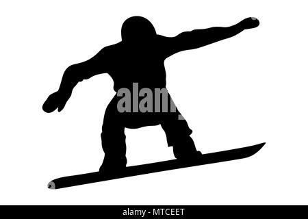 Snowboarder maschio salto e volo silhouette nera Foto Stock