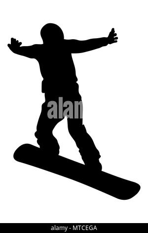 Salto con Snowboard e battenti atleta snowboarder silhouette nera Foto Stock