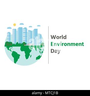 Felice Giornata Mondiale dell Ambiente cartolina con verde città sfondo, turbina eolica. Eco-friendly concetto di ecologia. Salvare la terra. Illustrazione Vettoriale