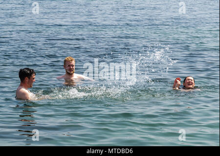 Schull, Irlanda. 29 Maggio, 2018. Il giorno più caldo dell'anno in West Cork, un gruppo di amici raffreddare in Schull Harbour. Il sole caldo e alti fino a 27 C che darà modo di Pesanti rovesci e possibili temporali più tardi nella giornata. Credito: Andy Gibson/Alamy Live News. Foto Stock