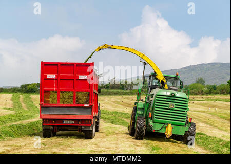 Schull, Irlanda. Il 30 maggio 2018. Su un soleggiato giorno di maggio, Hurley's appaltatori di West Cork raccogliere erba che è stato tagliato per insilati usando un John Deere Harvester 7500 e i trattori New Holland.Credit: Andy Gibson/Alamy Live News. Foto Stock