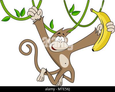 Funny monkey con banana. Cartoon carino animale. Illustrazione Vettoriale per i libri per ragazzi, poster, vestiti, alfabeto carte. Foto Stock