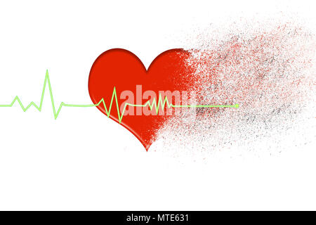 Un cuore rosso che si disintegra in polvere con la linea di heartbeat che si arresta su uno sfondo bianco Foto Stock