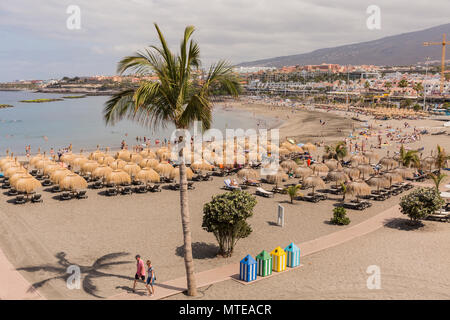 Dal tetto di paglia ombrelloni su Puerto Colon spiaggia con sabbia dorata, a Costa Adeje, a Playa de Las Americas, Tenerife, Isole Canarie, Spagna Foto Stock