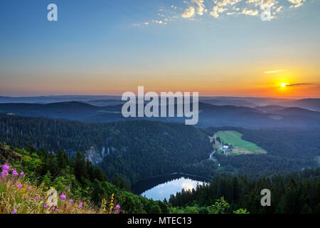 Vista dal monte Feldberg al lago Feldsee, sunrise, Foresta Nera, Baden-Württemberg, Germania Foto Stock