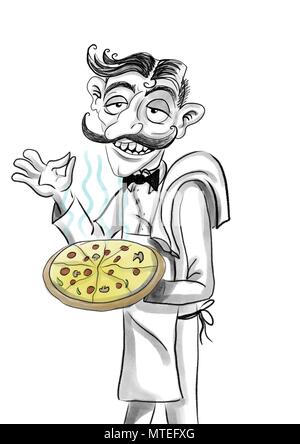 Un cameriere italiano con un baffi che serve una grande salsiccia per pizza pizza illustrazione Foto Stock
