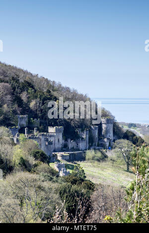 Il castello di Gwrych sulla costa settentrionale del Galles visto dal Tan y gopa boschi Abergele Foto Stock