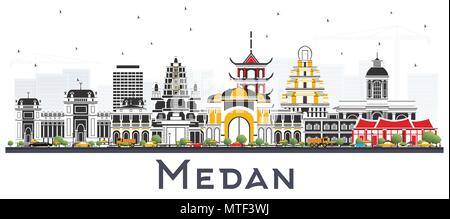 Medan Indonesia skyline della città con edifici di colore isolato su bianco. Illustrazione Vettoriale. Viaggi di affari e turismo Concept Illustrazione Vettoriale