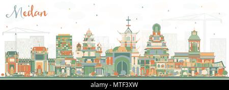 Medan Indonesia skyline della città con edifici di colore. Illustrazione Vettoriale. Viaggi di affari e di turismo con il concetto di architettura storica. Medan Illustrazione Vettoriale