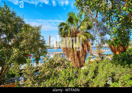 Godetevi la lussureggiante vegetazione del giardino sul fiume con una vista sulla Torre de Il Cairo dietro il fiume Nilo in Egitto. Foto Stock