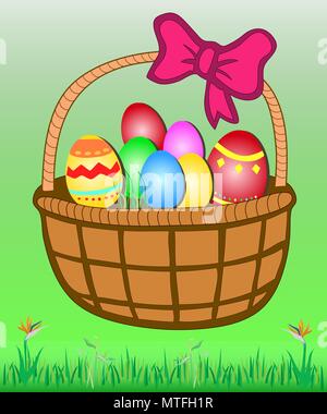 Il rattan Pasqua cesto pieno di uova colorate su erba verde Illustrazione Vettoriale