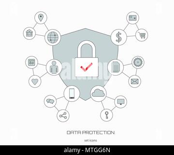 Protezione dei dati delle icone. Vector set di icone di stile di piatto. Illustrazione Vettoriale