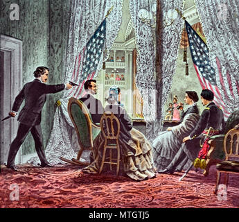 Giovanni documento Wilkes Booth inclinati in avanti per sparare il presidente Abraham Lincoln come egli guarda la nostra cugina americana presso il Teatro di Ford in Washington D.C. Aprile 14, 1865. Foto Stock