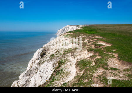 Vista ovest sopra Highdown scogliere guardando verso gli aghi, Isle of Wight, Hampshire, Regno Unito. Foto Stock