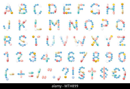 Pillole di carattere medico, lettere dell'alfabeto, carattere tipografico farmaceutica - illustrazione su sfondo bianco. Foto Stock