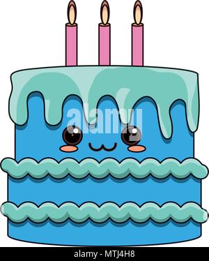 Kawaii torta di compleanno icona su sfondo bianco, illustrazione vettoriale Illustrazione Vettoriale