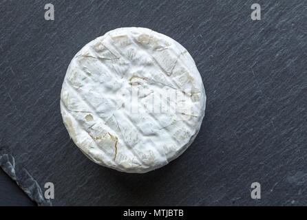 Tutto il formaggio camembert isolati su nero ardesia board - vista superiore Foto Stock