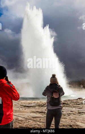 Strokkur, Geysir. Strokkur è un geyser tipo fontana situato in una zona geotermica accanto al fiume Hvítá in Islanda i geyser islandesi in attivo campo geotermico. Zona delle sorgenti termali con pozzi di fango bollente, geyser esplososi e il vivace Strokkur che sputano acqua 30 metri (100 piedi) in aria ogni pochi minuti. Foto Stock