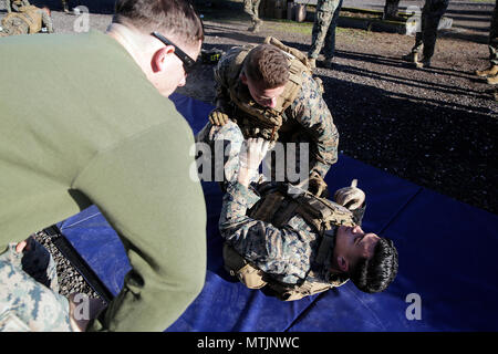 Cpl. Cory Espejo, una macchina gunner e Cpl. Diego Cuevas, un assaultman con scopi speciali Air-Ground Marine Task Force Response-Africa crisi, eseguire la massa delle tecniche di combattimento prima di un fucile intervallo vicino Naval Air Station Sigonella, Italia, Gen 3, 2017. Marines condotta una sollecitazione shoot, che ha coinvolto un fisicamente estenuante lavoro seguiti da un corso di fuoco mirato a verificare la Marine la funzione cognitiva. (U.S. Marine Corps foto di Cpl. Alexander Mitchell/rilasciato) Foto Stock