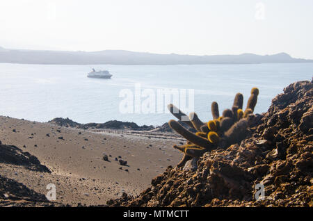 Spettacolare vista panoramica dal belvedere sulla Bartolome Island, Isole Galapagos, Ecuador. Esplorazione la nave di crociera si siede di arida isola costa. Foto Stock