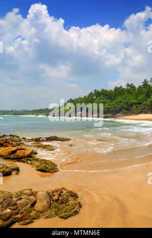 Le onde del mare sulla spiaggia tropicale con pietre e rocce Foto Stock