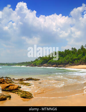 Le onde del mare sulla spiaggia tropicale con pietre e rocce Foto Stock