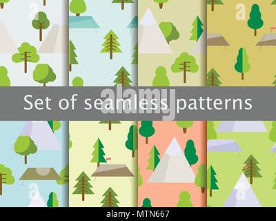 Modelli senza soluzione di continuità con la superficie piana di alberi, tende e montagne. Avventure e trekking. Illustrazione Vettoriale Illustrazione Vettoriale