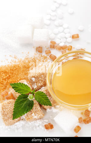 I vari tipi di zucchero di canna, bianco, in polvere, dolcificanti artificiali, azteca erbe dolci e miele nella ciotola. Foto Stock