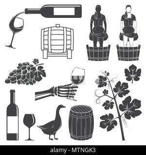 Set di vino le icone di silhouette. Impostare Includi ragazza stomping, frantumazione di uva, canna, oca, di uva con foglia, ramo e una bottiglia, un bicchiere di vino. Le icone per la cantina aziendale. Illustrazione Vettoriale. Illustrazione Vettoriale