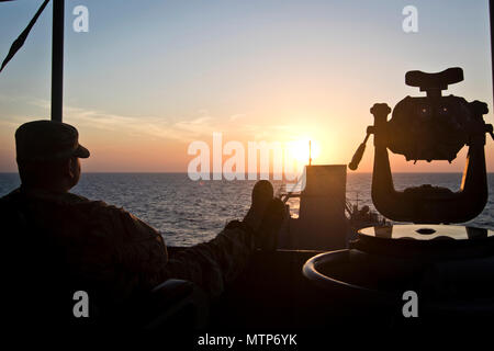 Un U.S. La riserva di esercito di scansioni soldato all'orizzonte mentre a bordo del supporto logistico Nave - 5 (LSV-5) "MG Charles P. lordo" nel Golfo Arabico, Gennaio 24, 2017. (U.S. Foto dell'esercito da Staff Sgt. Dalton Smith) Foto Stock