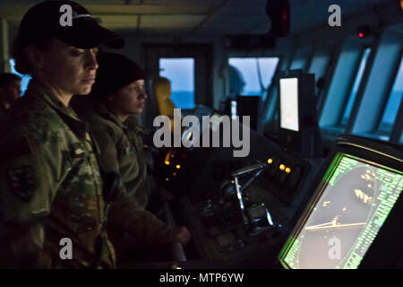 Chief Warrant Officer 2 Sarah Pietra, 2a combaciare con i mezzi di trasporto 411 distacco, scansiona l'orizzonte per navigare il supporto logistico Nave - 5 (LSV-5) "MG Charles P. lordo" nel Golfo Arabico, Gennaio 24, 2017. (U.S. Foto dell'esercito da Staff Sgt. Dalton Smith) Foto Stock