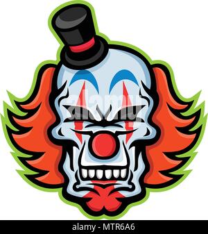 Icona di mascotte illustrazione del cranio di un bianco faccia da clown con i capelli rossi che indossa un piccolo top hat se visto dalla parte anteriore su sfondo isolato in stile retrò. Illustrazione Vettoriale