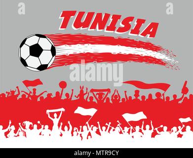 Bandiera della Tunisia i colori con pallone da calcio e sostenitori tunisino silhouette. Tutti gli oggetti, i tratti di pennello e i contorni sono in diversi strati e t Illustrazione Vettoriale